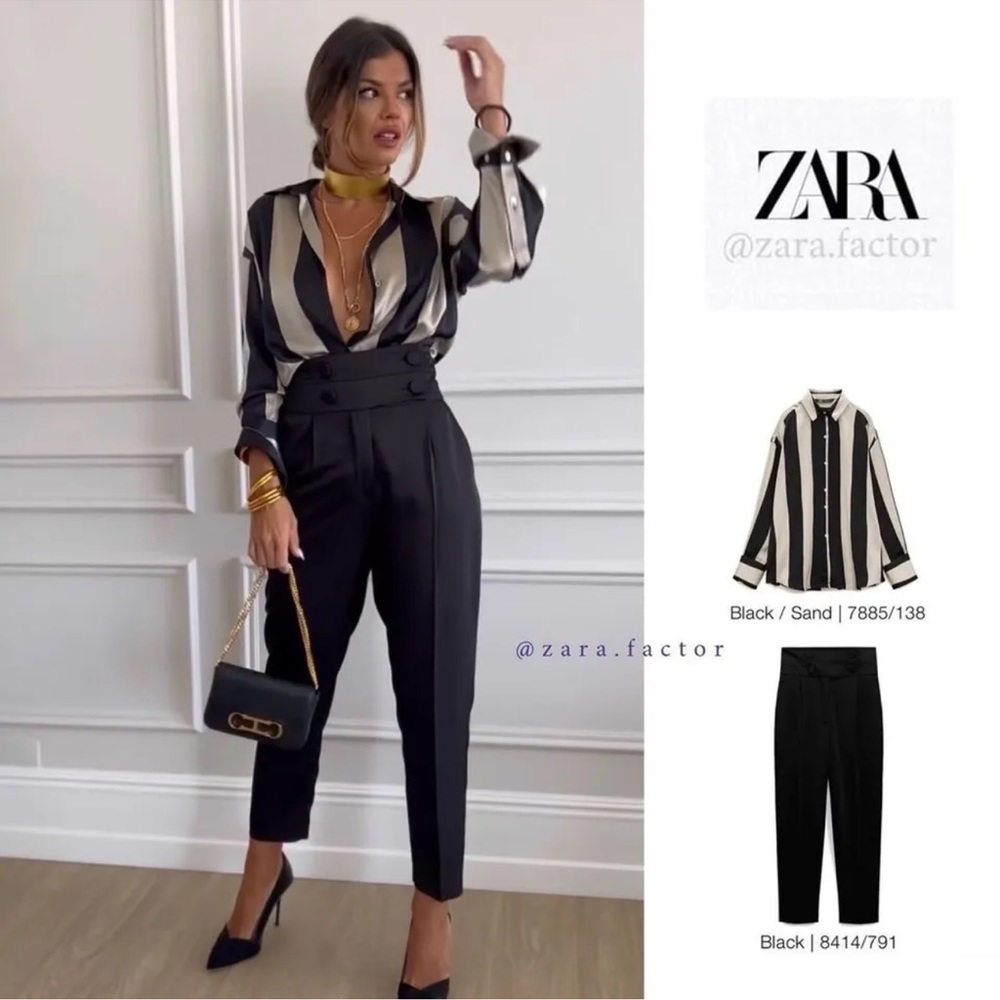 NWT ZARA WOMEN SATIN OVERSIZE SHIRT BLACK/SAND 7885/138